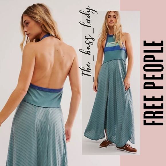 SOLD -E- Free People maxi dress flowy halter cotton blend striped boho - Picture 3 of 8